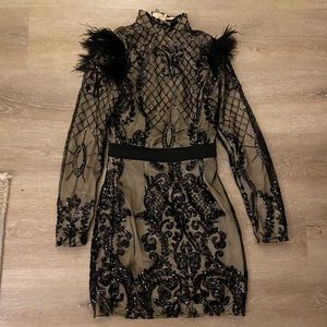 Black mesh feathered dress with details